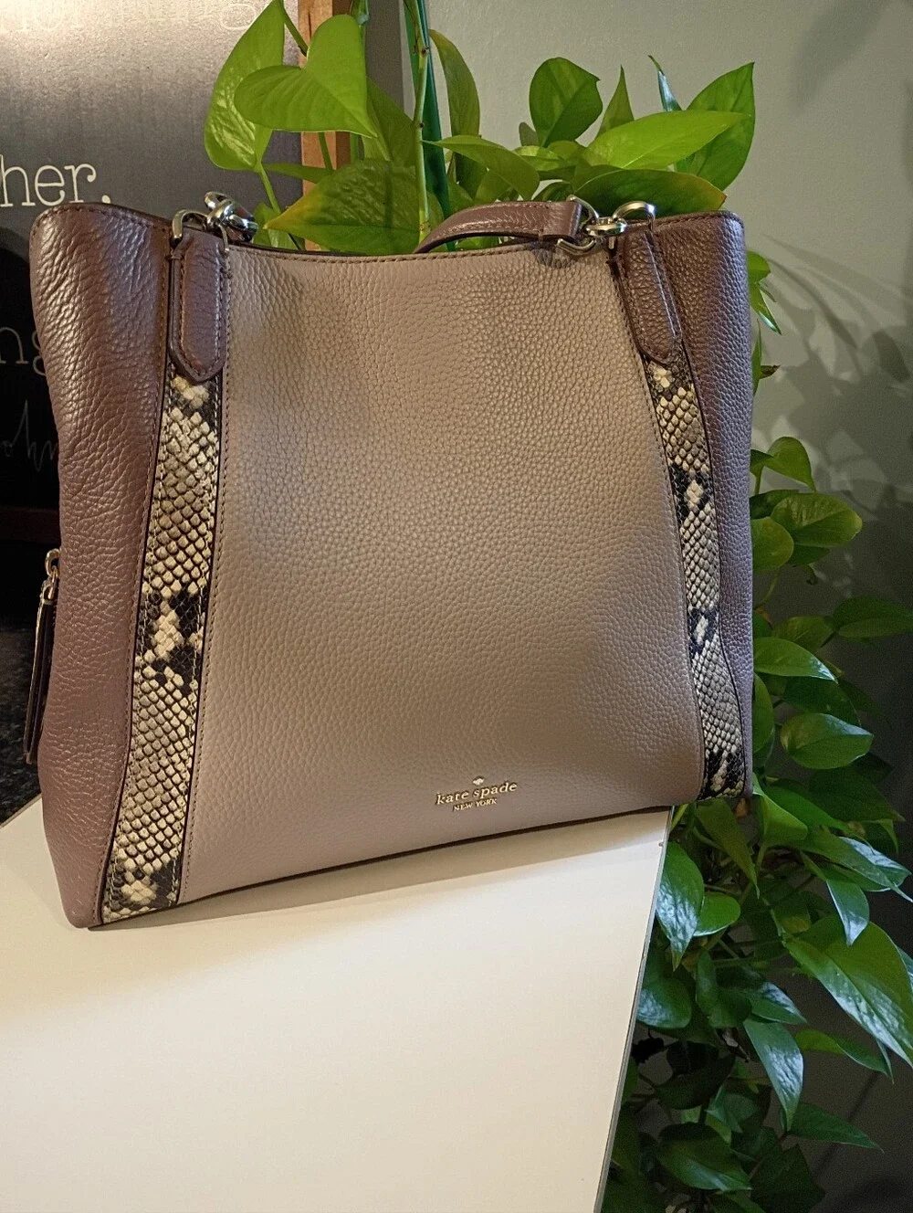 kate spade Taupe and Brown Tote with Snake-Print Trim